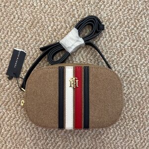 Tommy Hilfiger Tan Crossbody Bag with Red, White, and Black Stripes